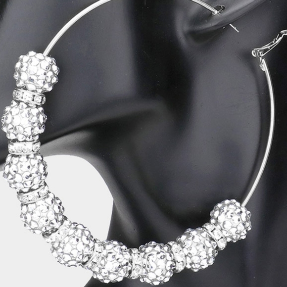 Silver Shamballa 3.8" Disco Beads Hoop Earrings Cute Fashion Statement Jewelry - Picture 2 of 2